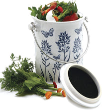 Load image into Gallery viewer, CERAMIC FLORAL BLUE/WHITE COMPOST KEEPER, 3 QUART
