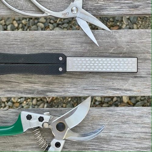 Garden Tool Sharpener — Diamond + Carbon Steel Hone Reversible Paddle For Sharpening Pruners, Clippers Mower Blades and Scissors